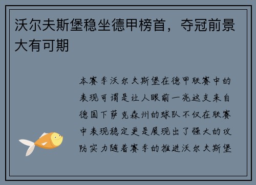 沃尔夫斯堡稳坐德甲榜首，夺冠前景大有可期
